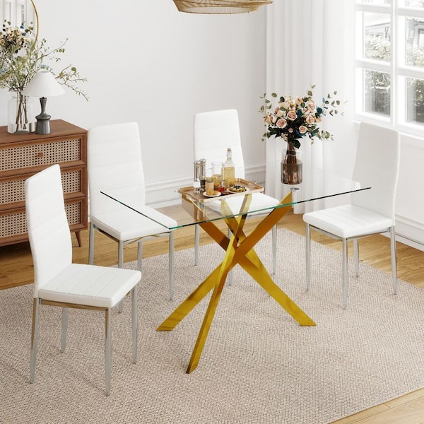 51.18 in. Rectangular Clear Tempered Glass Table with Golden Metal Cross Legs Dining Table, Seating Capacity 4-6 people