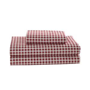 Gingham Plaid 4-Piece Red 250TC Cotton Percale Full Sheet Set