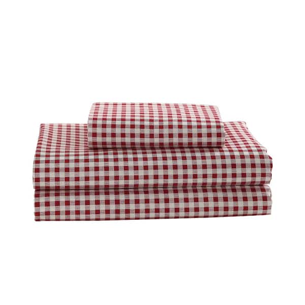 Laurel & Mayfair Gingham Plaid 4-Piece Red 250TC Cotton Percale Full Sheet Set