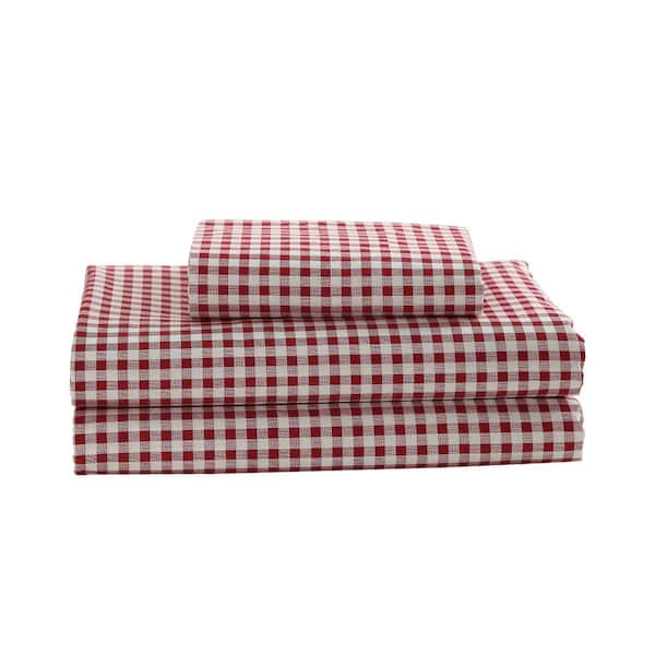 Laurel & Mayfair Gingham Plaid 4-Piece Red 250TC Cotton Percale Queen Sheet Set