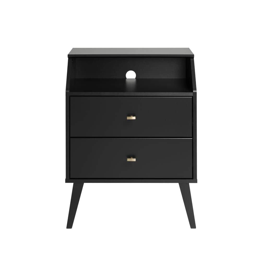 Milo Mid-Century Modern Black 2-Drawer Nightstand with Brass Knobs