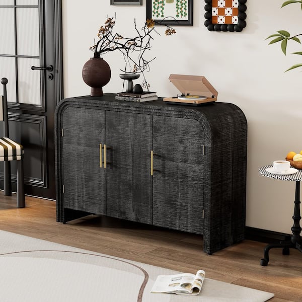 XUJMK 47 in. W x 16 in. D x 33 in. H Antique Black Linen Cabinet, Retro Minimalist Curved Sideboard with Gold Handles