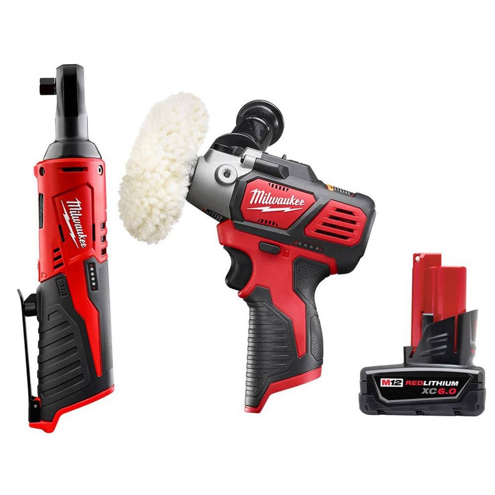 Milwaukee M12 12V Lithium-Ion Cordless 3/8 in. Ratchet with M12 Variable Speed Polisher/Sander and 6.0 Ah XC Battery Pack -  2457-20-2438-20