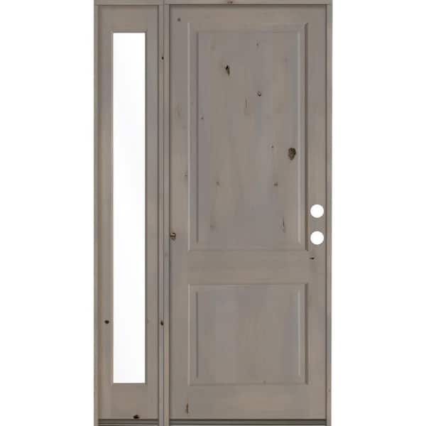 Krosswood Doors 56 in. x 96 in. Rustic knotty alder Left-Hand/Inswing Clear Glass Grey Stain Wood Prehung Front Door with Left Sidelite