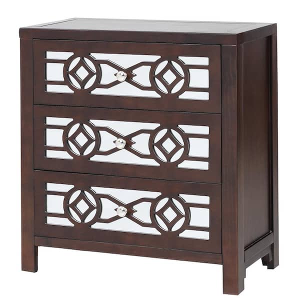 aisword Wooden Storage Natural Wood - Espresso Cabinet with 3-Drawers and Decorative Mirror
