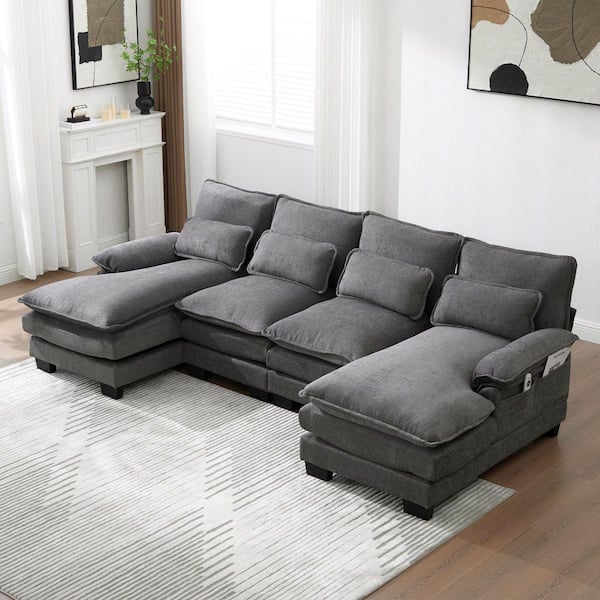 108 in. Modern Chenille 4-Piece U-Shaped Sectional Sofa With Double Chaise And Pillow Back in Gray