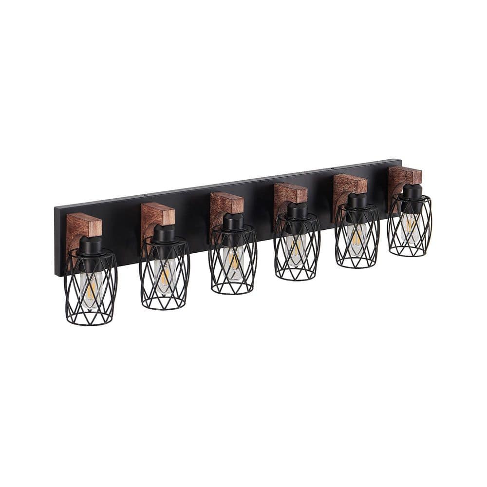 38 in. 6-Light Walnut Black Cage Wall Lighting Vanity Light Fixture for Bathroom, Hallway, Living Room (No Bulbs) price history on PriceWatchPro