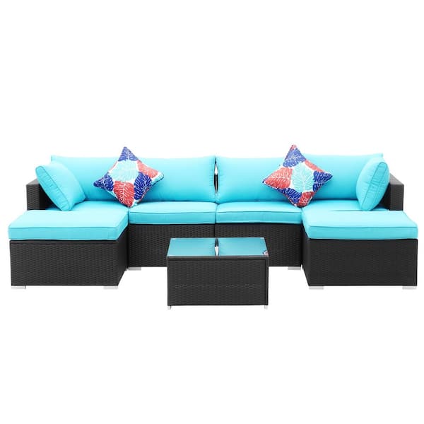 OVASTLKUY Black 7-Piece Wicker Outdoor Patio Furniture Sofa Set with Blue Cushion