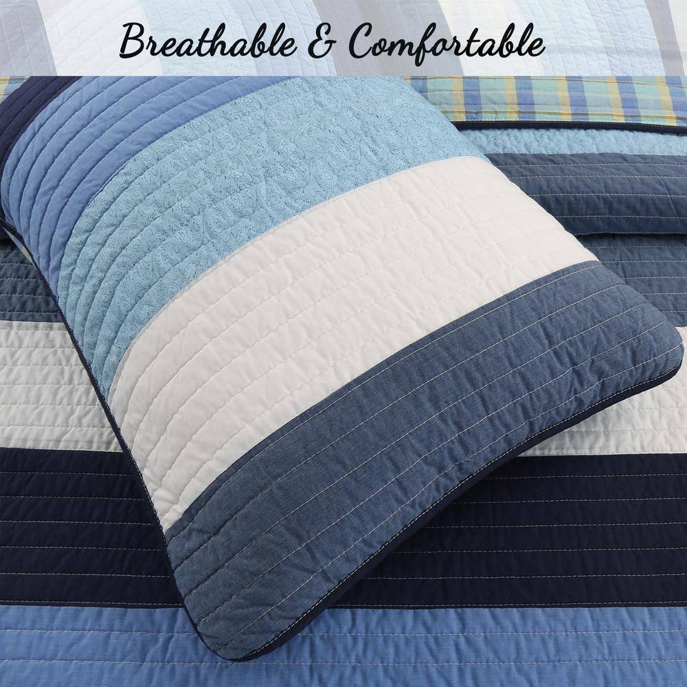 Navy Blue and White Striped Cotton Twin Quilt Set