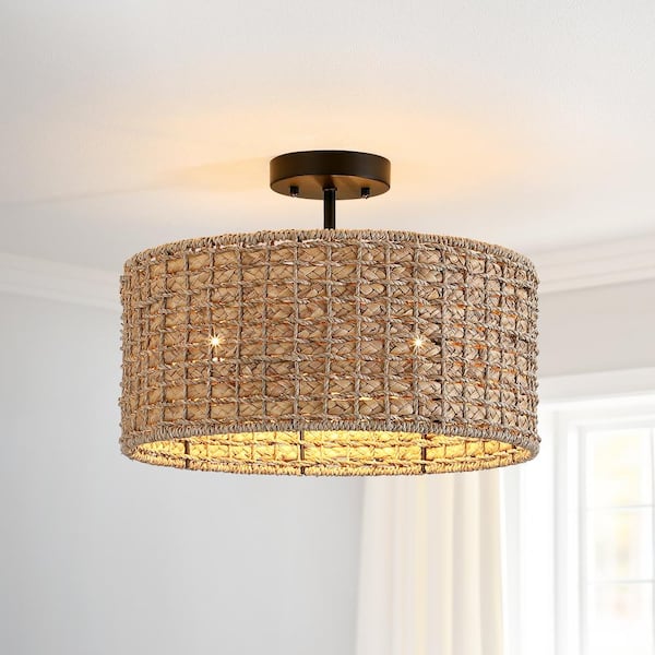 TRUE FINE Elis 16 in 3-Light Rattan Drum Semi-Flush Mount Ceiling Light