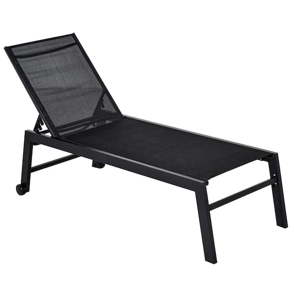 1-Piece Black Outdoor Lounge Chair, Patio Lounger Set with 5-Position Reclining Backrest and 2 Wheels