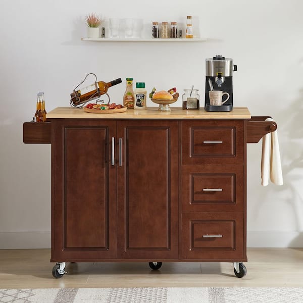 Rolling Brown Drop Leaf Rubber Wood Top 54 in. Kitchen Island Cart