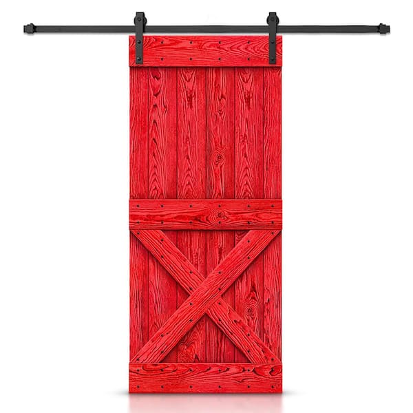CALHOME 34 in. x 84 in. Ready To Hang Wire Brushed Red Thermally Modified Solid Wood Sliding Barn Door with Hardware Kit
