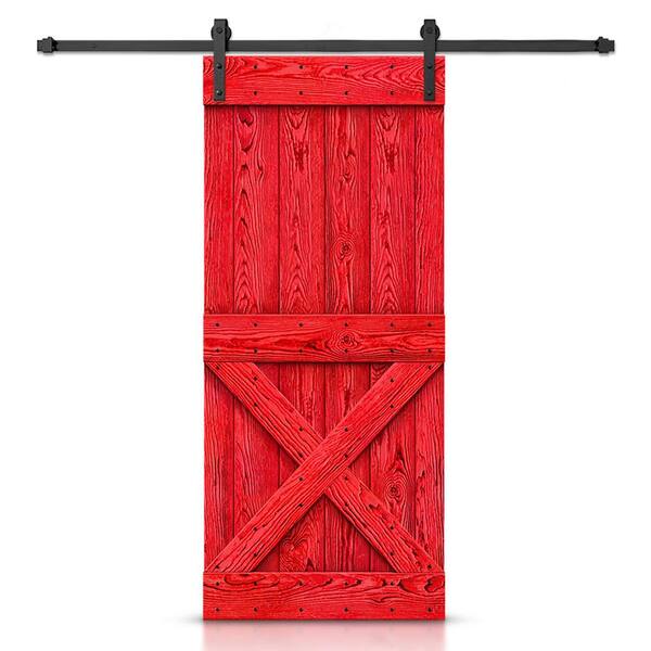 CALHOME 46 in. x 84 in. Ready To Hang Wire Brushed Red Thermally Modified Solid Wood Sliding Barn Door with Hardware Kit