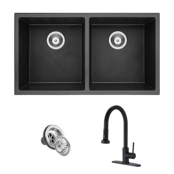 Unbranded Matte Black Quartz 32 in. Double Bowl Undermount Workstation Kitchen Sink with Faucet