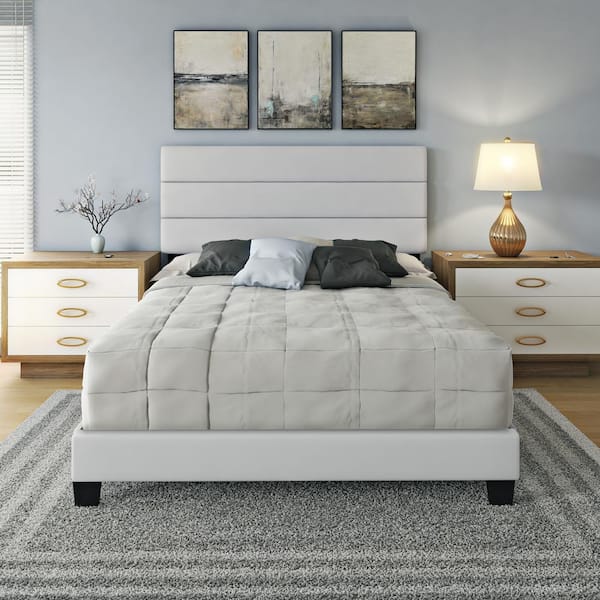 Boyd Sleep Piedmont Upholstered Faux Leather Tri Panel Channel Headboard Platform Bed Frame, King, White