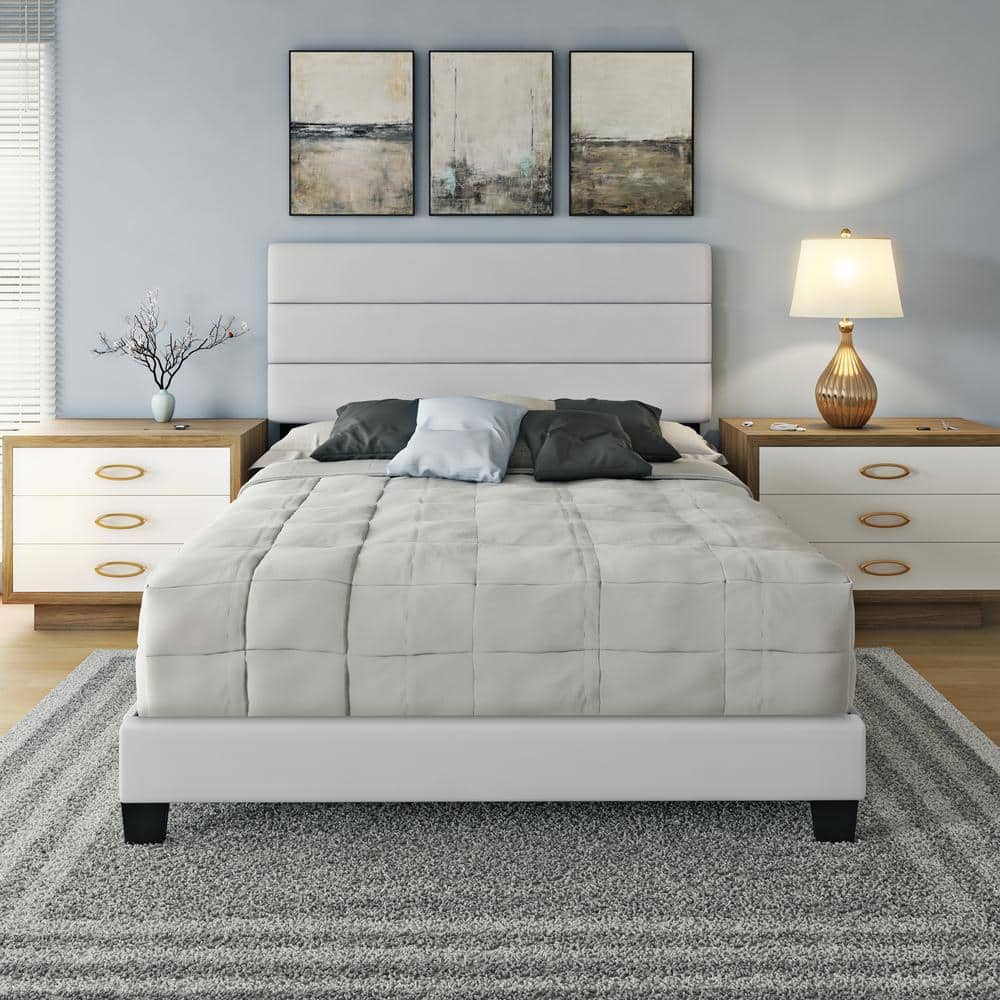 Piedmont Light Faux Leather Queen Platform Bed with Tufted Headboard