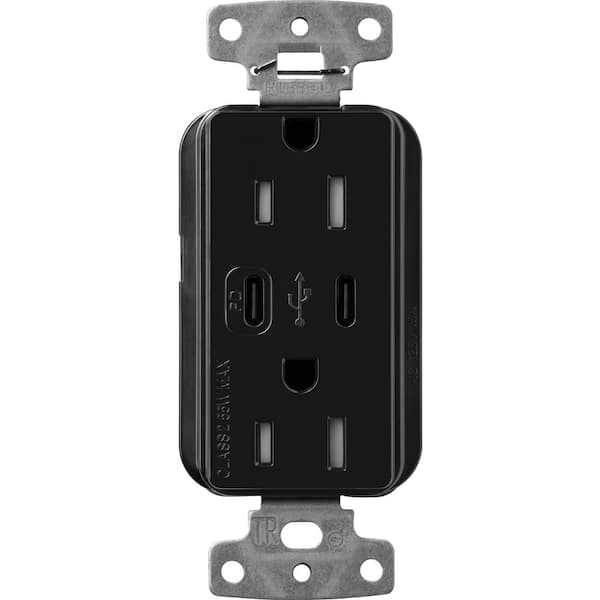 Claro 15 Amp Tamper Resistant USB Type C Duplex Receptacle, Decorator Style Outlet, Gloss Finish, CAR-15-CCTR-BL, Black