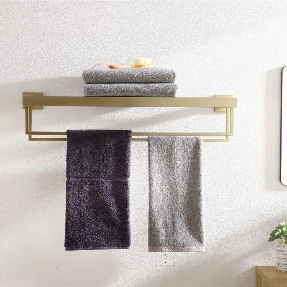 Brushed Gold Wall Mounted Double Towel Rack with Shelf