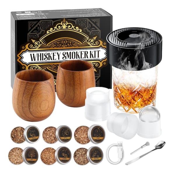 Electric Whiskey Smoker Kit with 2 Wooden Bourbon Glasses, 6 Flavors Wood Chips, 2 Ice Ball Molds