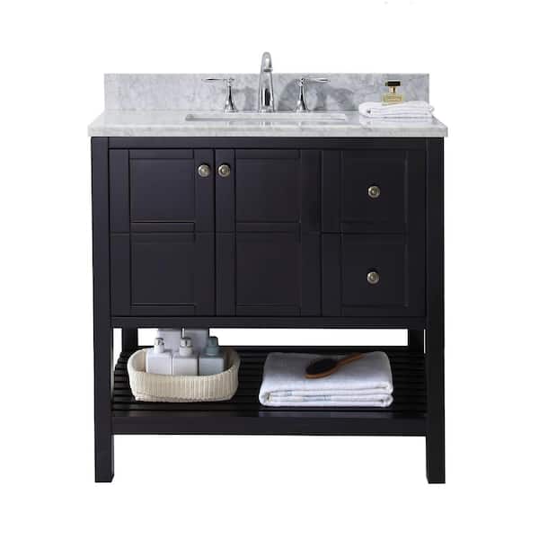 Virtu USA Winterfell 36 in. W Bath Vanity in Espresso with Marble Vanity Top in White with Square Basin