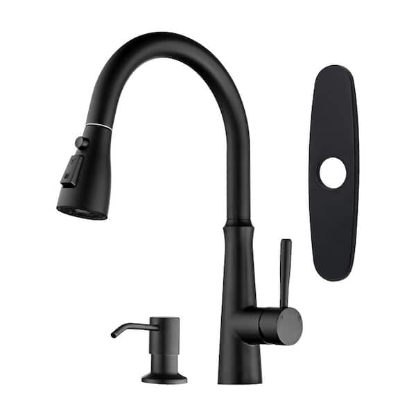 3-Ways Spray Single Handle Pull Down Sprayer Kitchen Faucet with Soap Dispenser in Matte Black