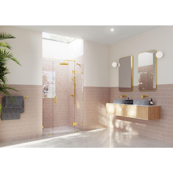 Glass Warehouse Stellar 46.5 in. W x 78 in. H Glass Hinged Pivot Frameless 3-Panel Inline Shower Door in Satin Brass