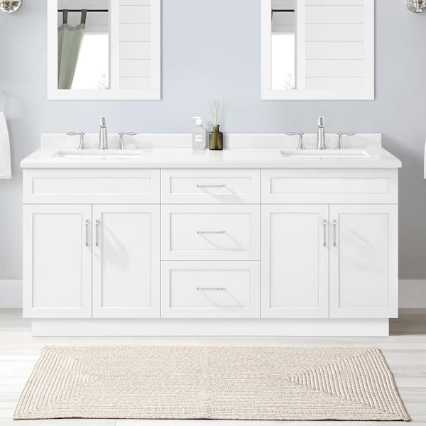 Home Decorators Collection Lincoln 72 in. W x 22 in. D x 34 in. H Double Sink Bath Vanity in White with White Engineered Stone Top