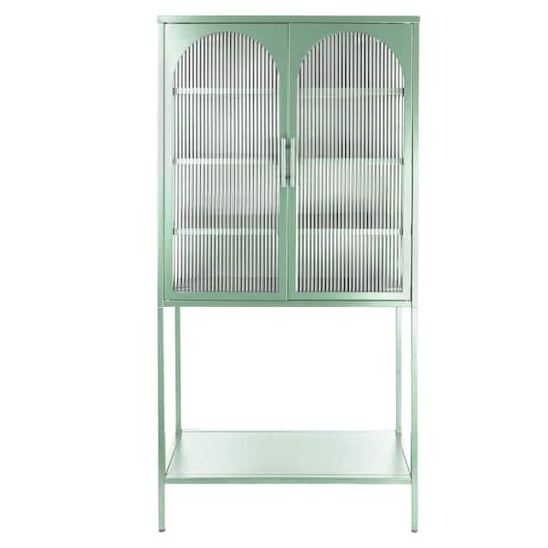 Unbranded 31.5 in. W x 13.8 in. D x 63 in. H Mint Green Linen Cabinet with 2 Glass Arched Doors and Adjustable Shelves