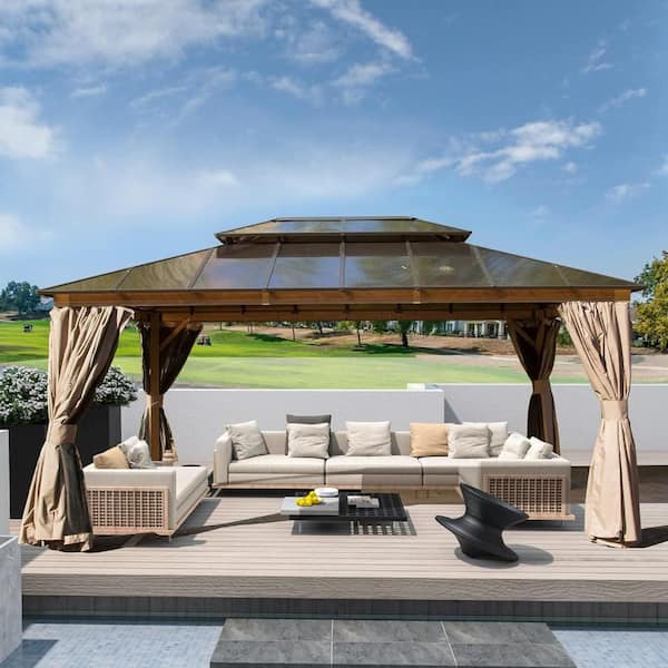 Daheat Beaulo 16 ft. x 12 ft. Aluminum Hardtop Wood Like Gazebo in Brown with Double Polycarbonate Roofs and Mosquito Net