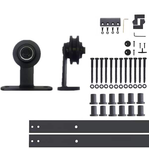 HOMACER 15 ft./180 in. Black Rustic Non-Bypass Sliding Barn Door Hardware Kit T-Shape Design Roller for Single Door