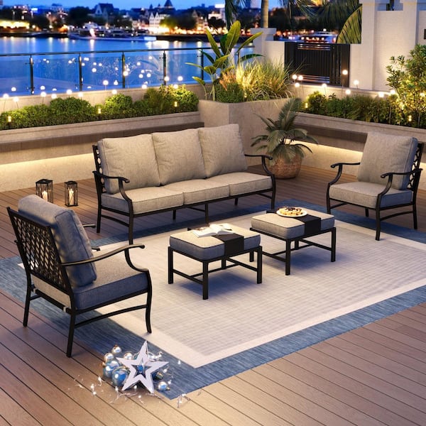 PHI VILLA Black 5-Piece Meshed 7-Seat Metal Outdoor Patio Conversation Set with Gray Cushions and 2 Ottomans