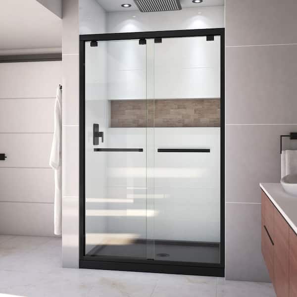 DreamLine Encore 34 in. D x 48 in. W x 78.75 in. H Semi-Frameless Sliding Shower Door in Matte Black with Center Drain Black Base