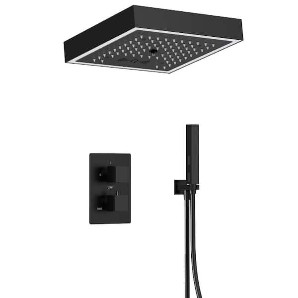 LED Shower System Kit 2-Spray Ceiling Mount 12 in. Fixed and Handheld Shower Head Bluetooth Music in Matte Black