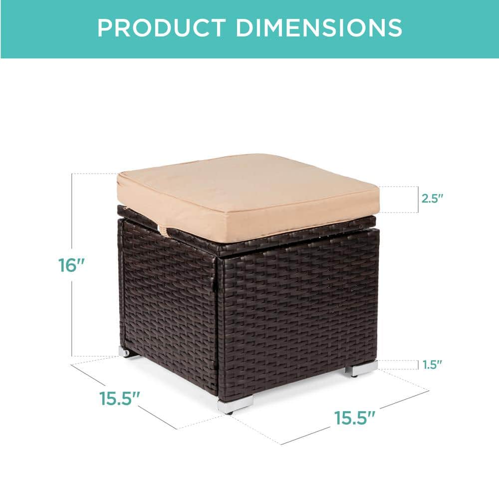Brown Steel Frame Outdoor Wicker Ottomans with Beige Cushions