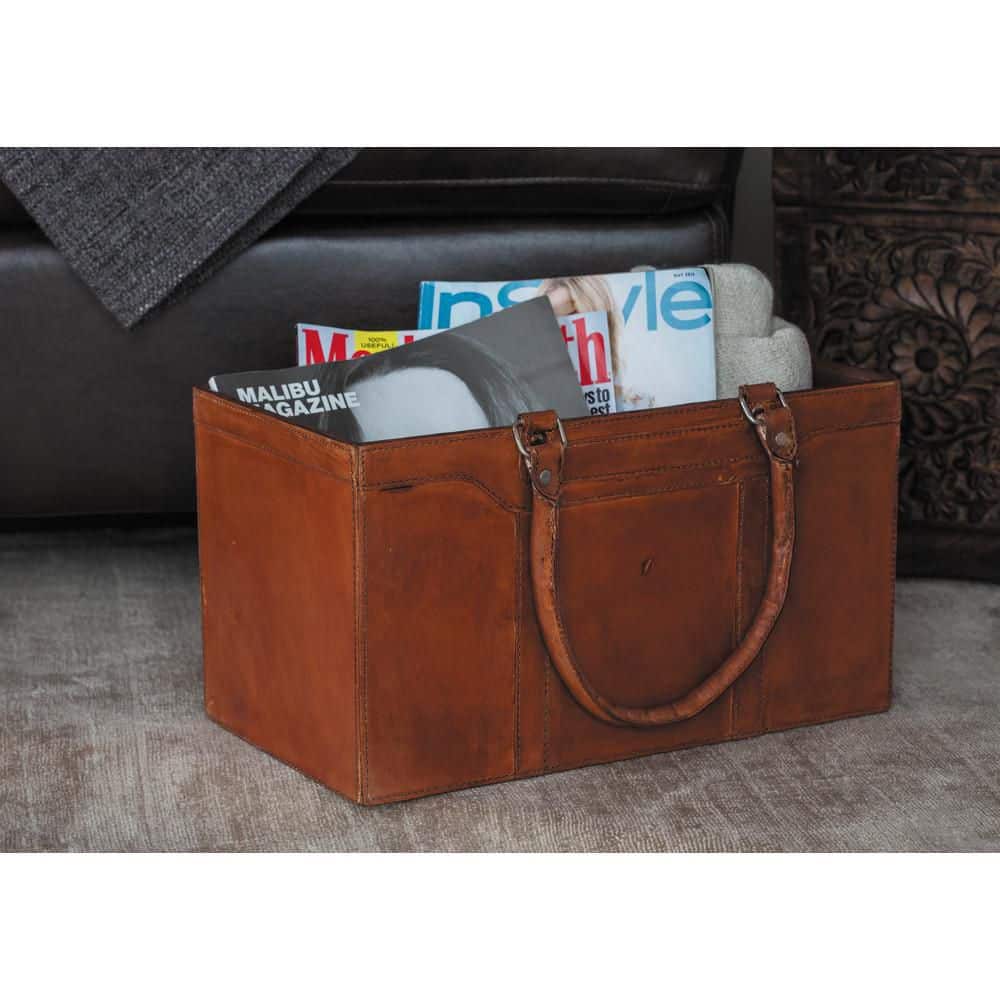 DecMode Rustic Leather Brown Rectangular Magazine Holder with Strap Handles  15 W x 16 H