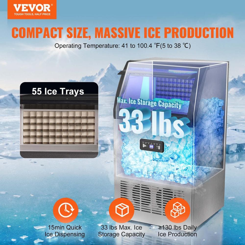 VEVOR Silver Stainless Steel Commercial Ice Maker with LED Display
