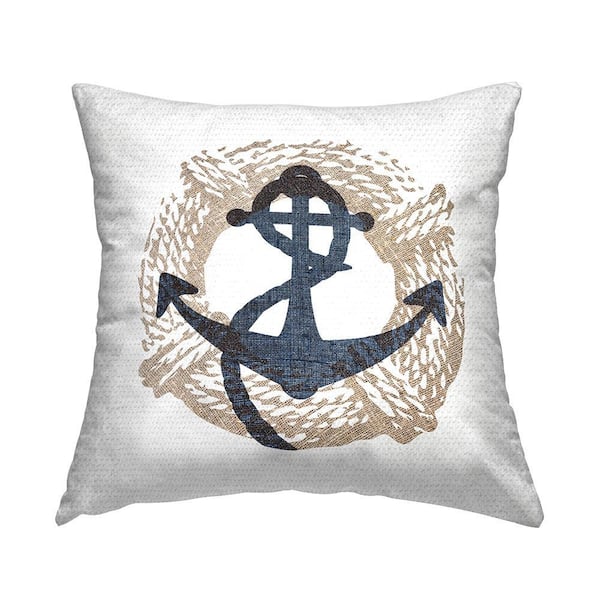 Nautical Anchor and Rope Blue Square Outdoor Throw Pillow