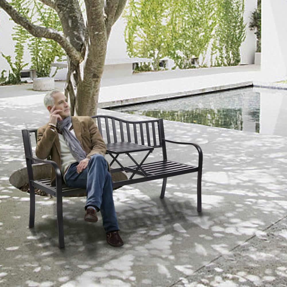 Black Steel Outdoor Bench with Built-In Table, 59"