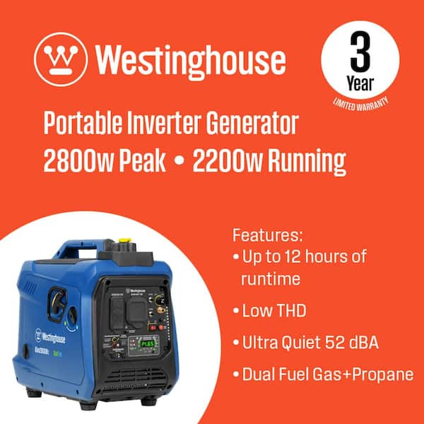 2,800-Watt Gas and Propane Dual Fuel Portable Inverter Generator with Recoil Start, Quiet Technology, CO Sensor