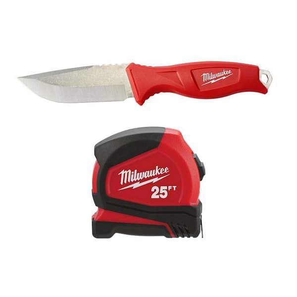 4 in. Tradesman Fixed Blade Knife with Compact Auto Lock 25 ft. SAE Tape Measure with Fractional Scale