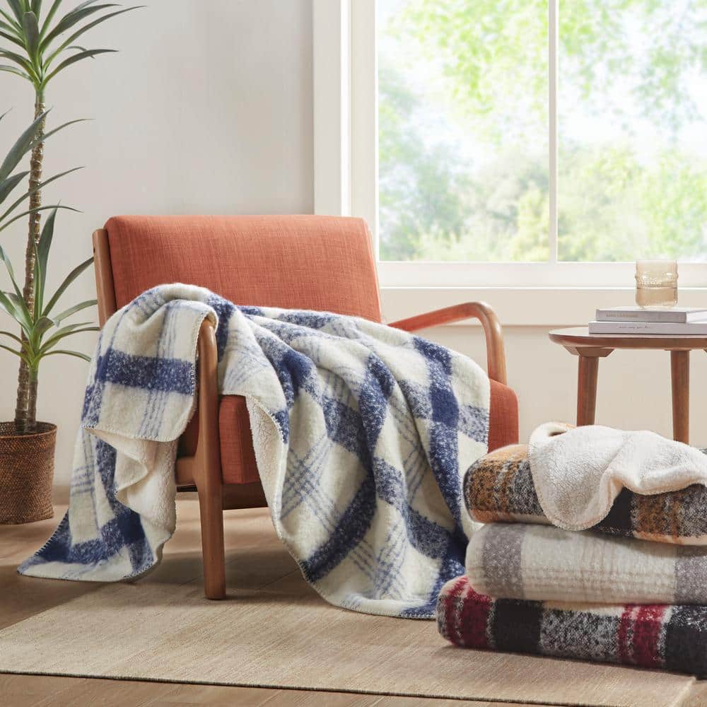 50"x60" Tan Plaid Faux Mohair Sherpa Reversible Throw Blanket