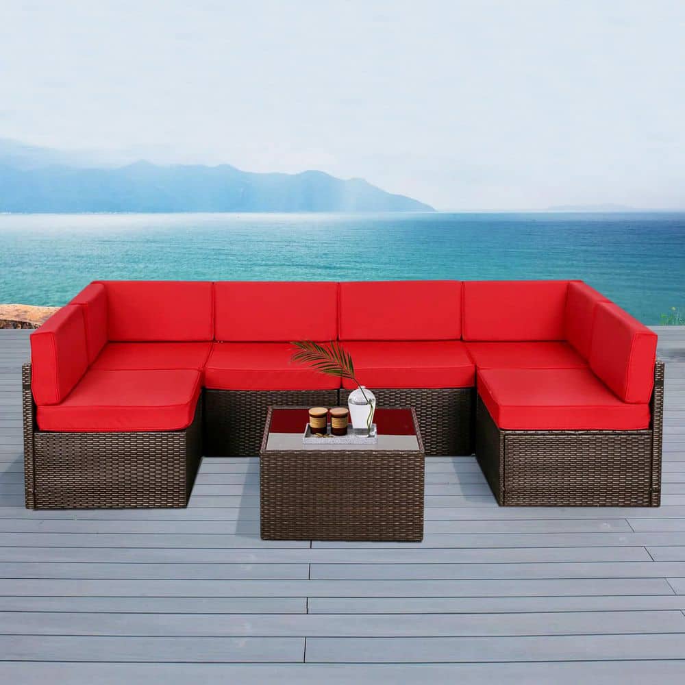7-Piece Brown Wicker Outdoor Sofa Sectional Set Patio Seating Sets with Red