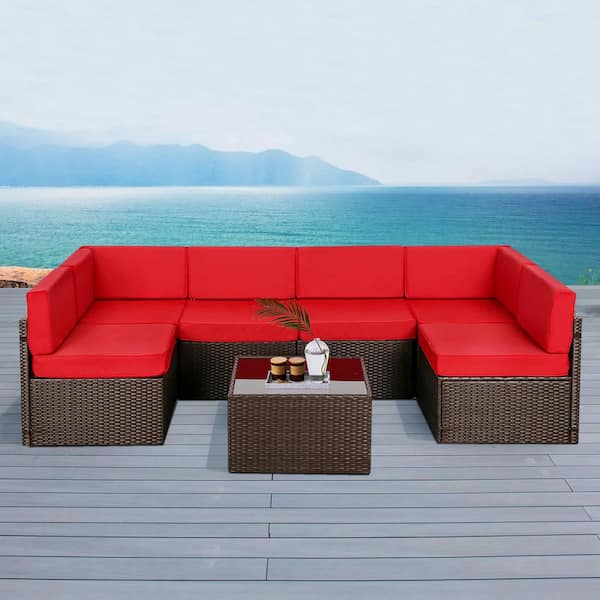 Unbranded 7-Piece Brown Wicker Outdoor Sofa Sectional Set Patio Seating Sets with Red Cushions