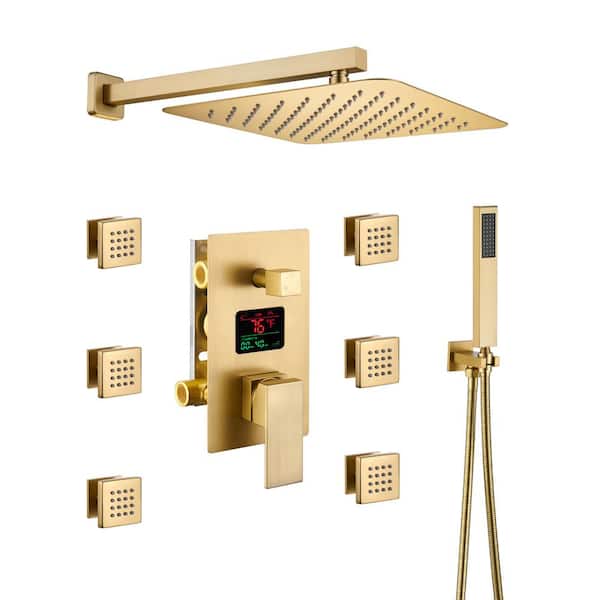 Unbranded LED Display 3 Spray Patterns 12 in. Wall Mount Fixed and Handheld Shower Head 2.5 GPM in Brushed Gold Valve Included