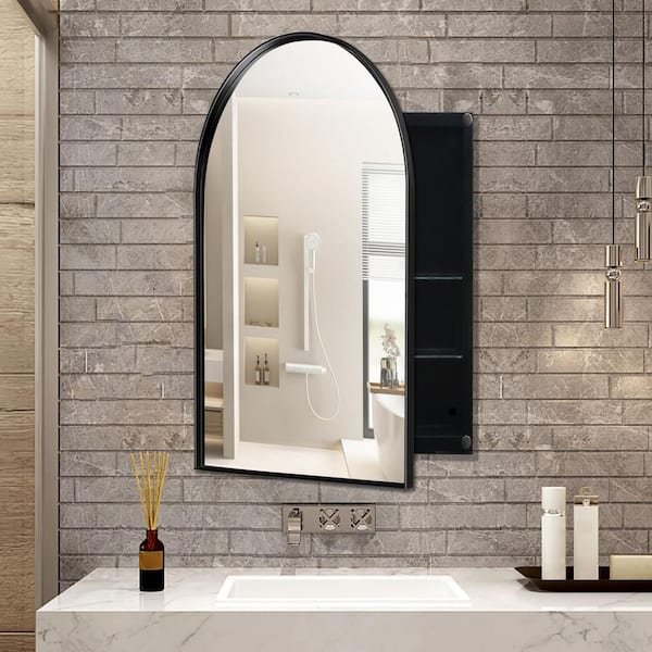 Anky 24 in. W x 4.5 in. D x 36 in. H Metal Bathroom Storage Arched Medicine Wall Cabinet with Mirror in Matte Black