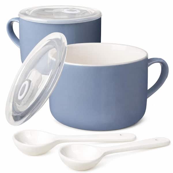 30 fl. oz. Sky Blue Ceramic Soup Bowl with Lid and Spoon Set 6.8 in. Wide Handles Ramen Bowl Set of 2