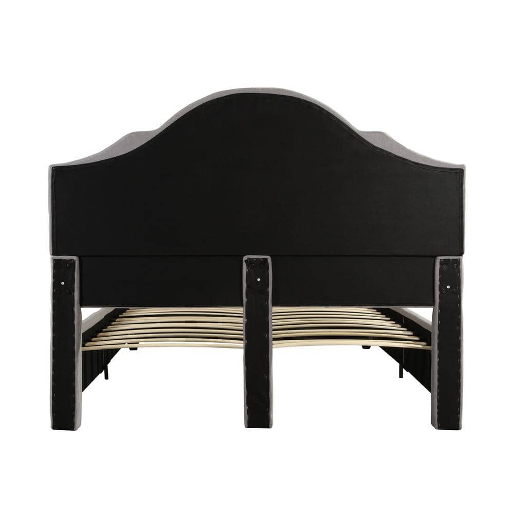 Contemporary Ash Gray Queen Platform Bed with Tufted Upholstery and Nailhead Trim