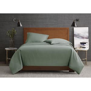 Garment Wash Solid 3-Piece Green Microfiber King Duvet Cover Set