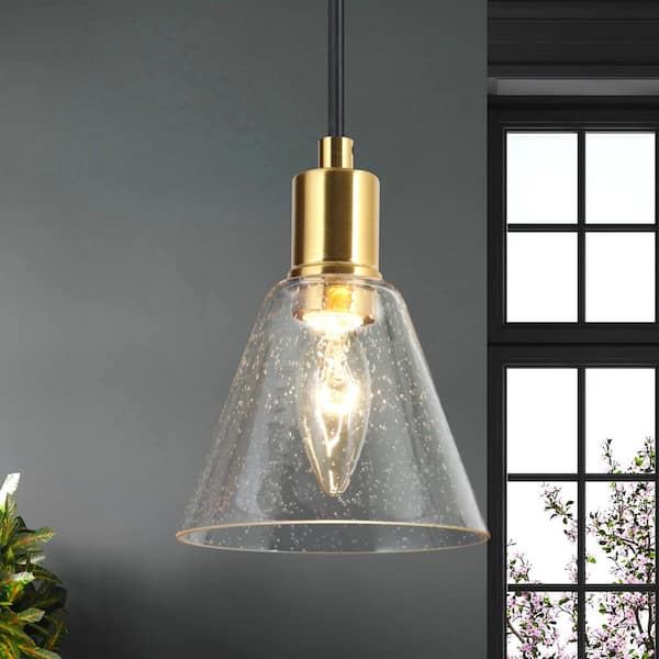 1-Light Electroplated Brass Pendant Light with Seeded Glass Shade